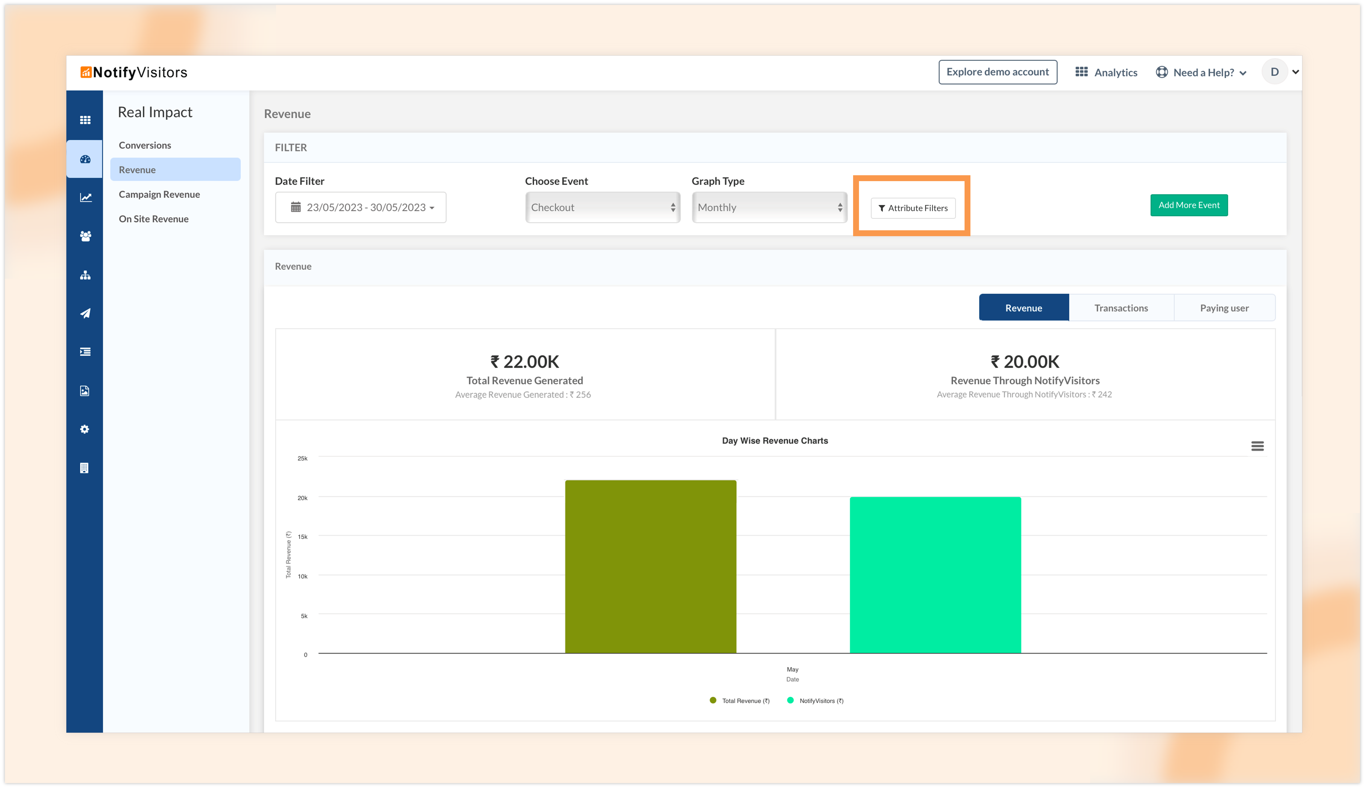 Attribute based filters for revenue events