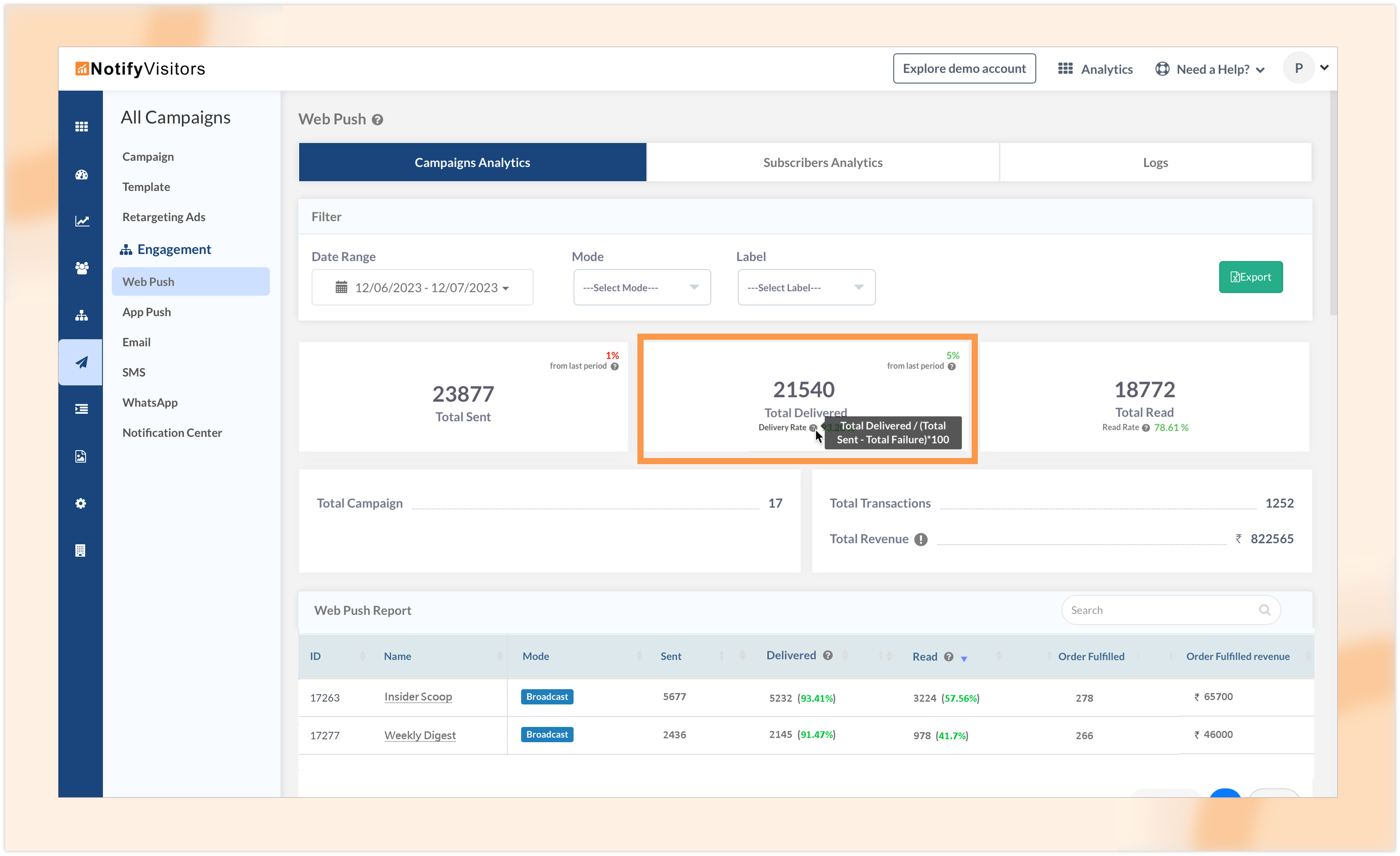 More precise calculation of delivery rate in Web Push and App Push analytics