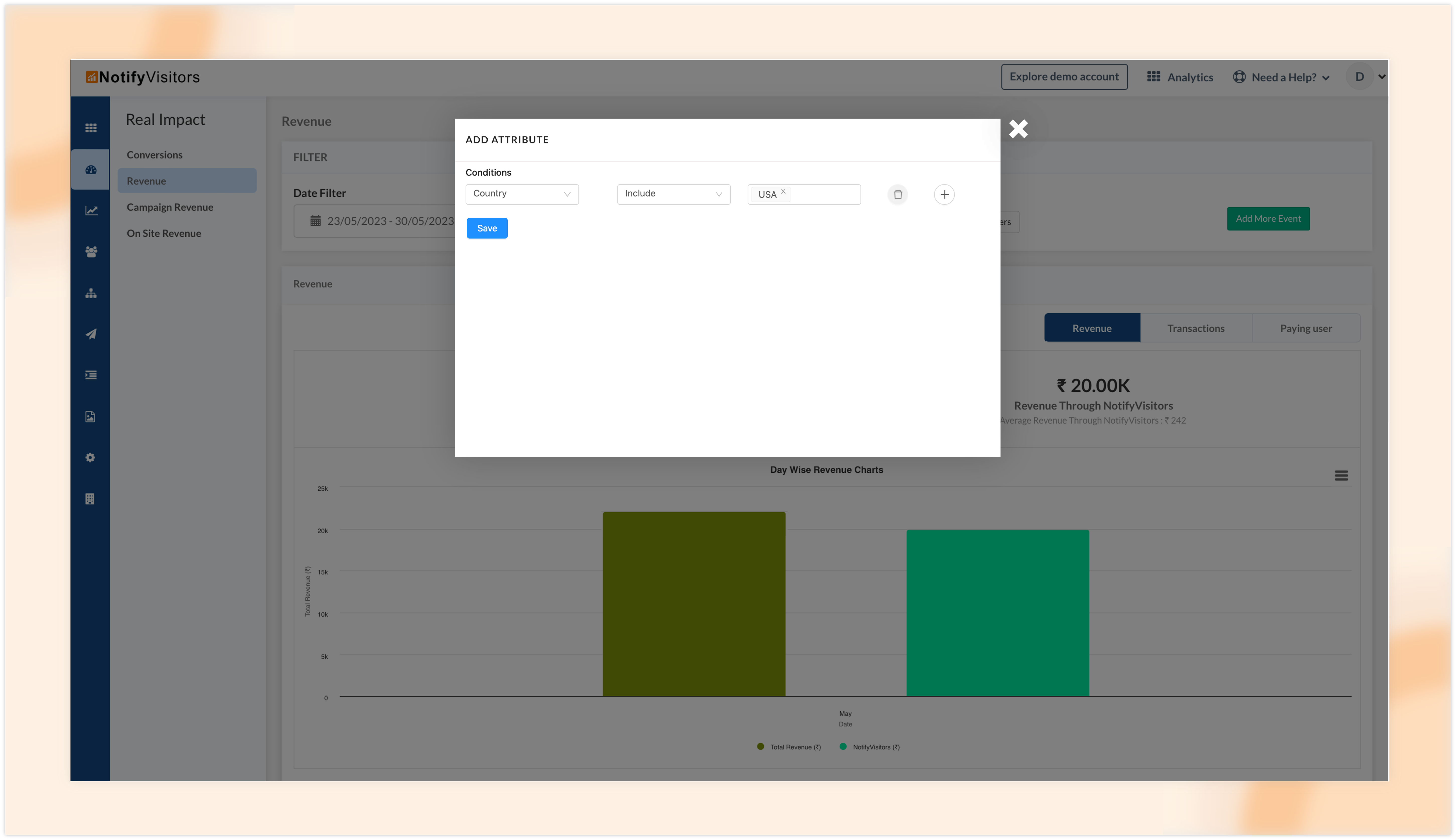 Attribute based filters for revenue events