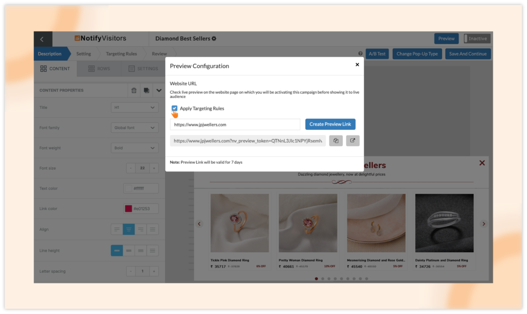 Option to apply/remove targeting rules while previewing onsite campaigns