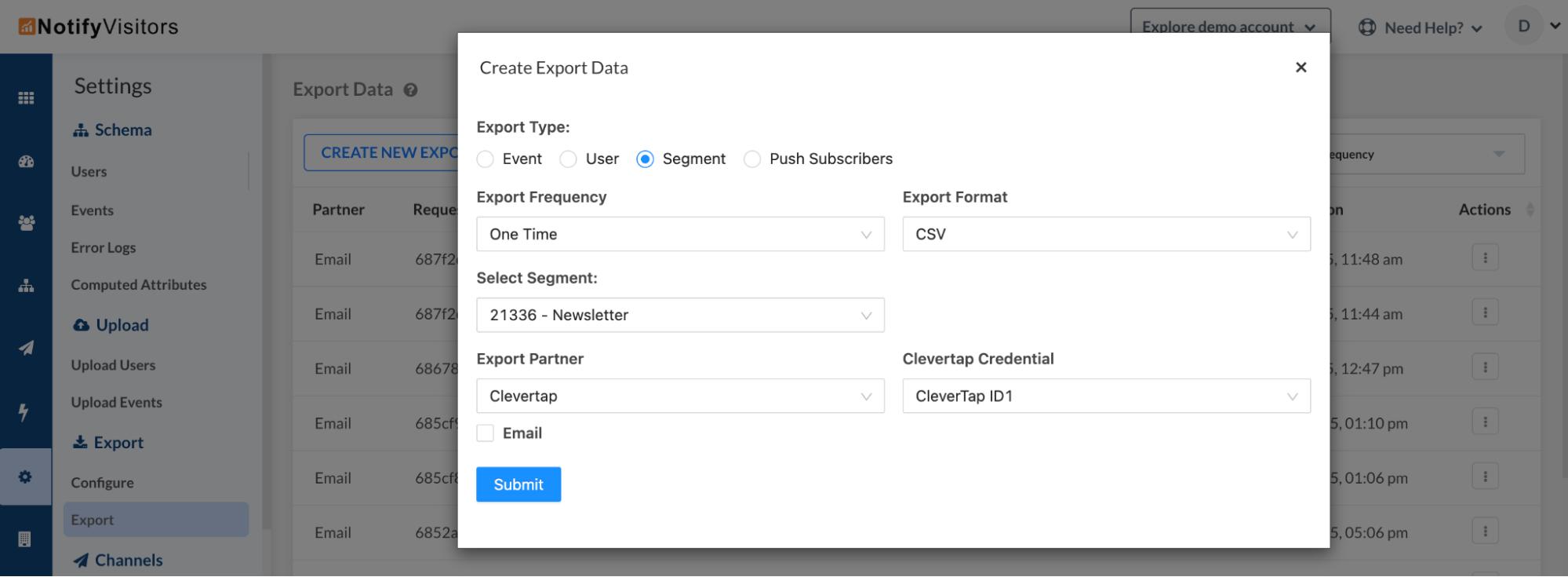 Export NotifyVisitors segments to CleverTap
