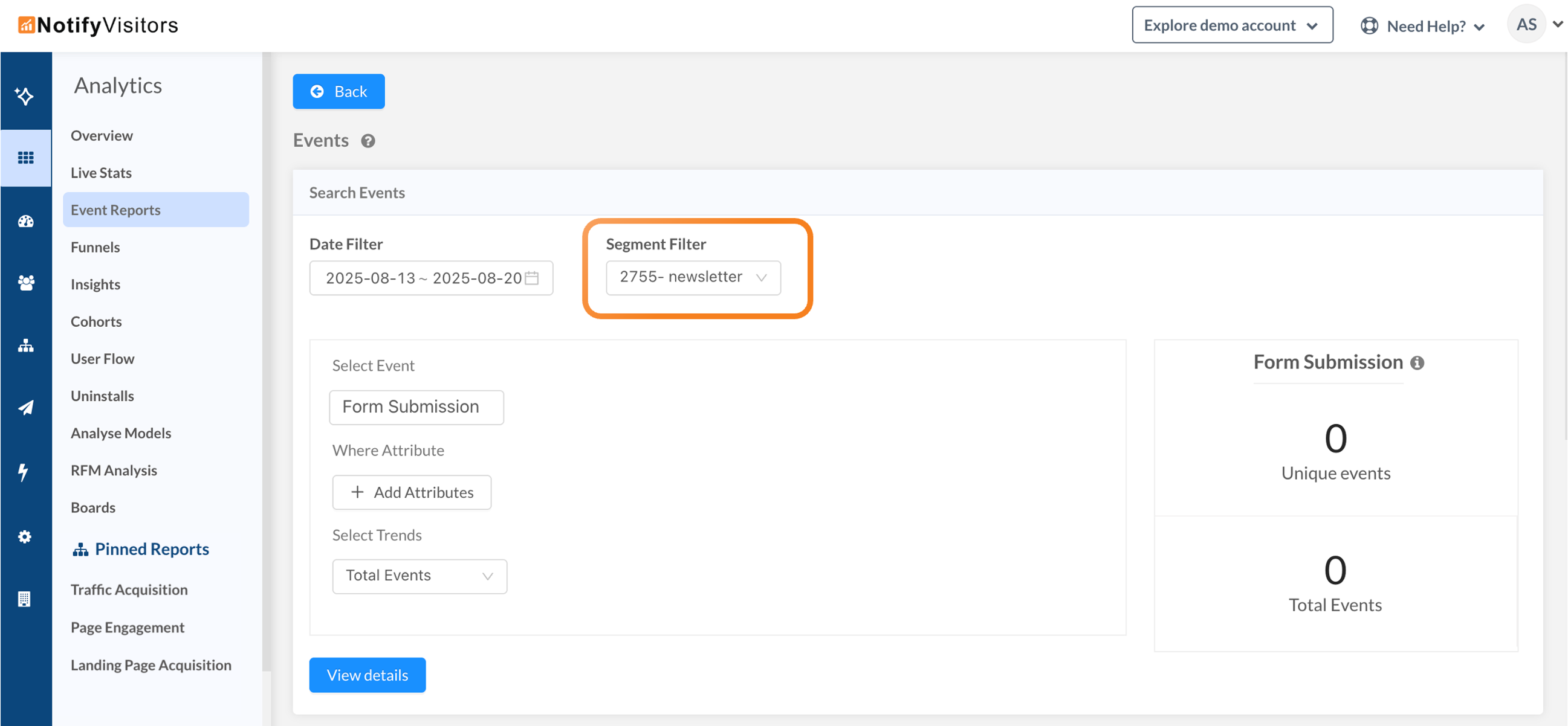 New segment filter in Insights and Event reports
