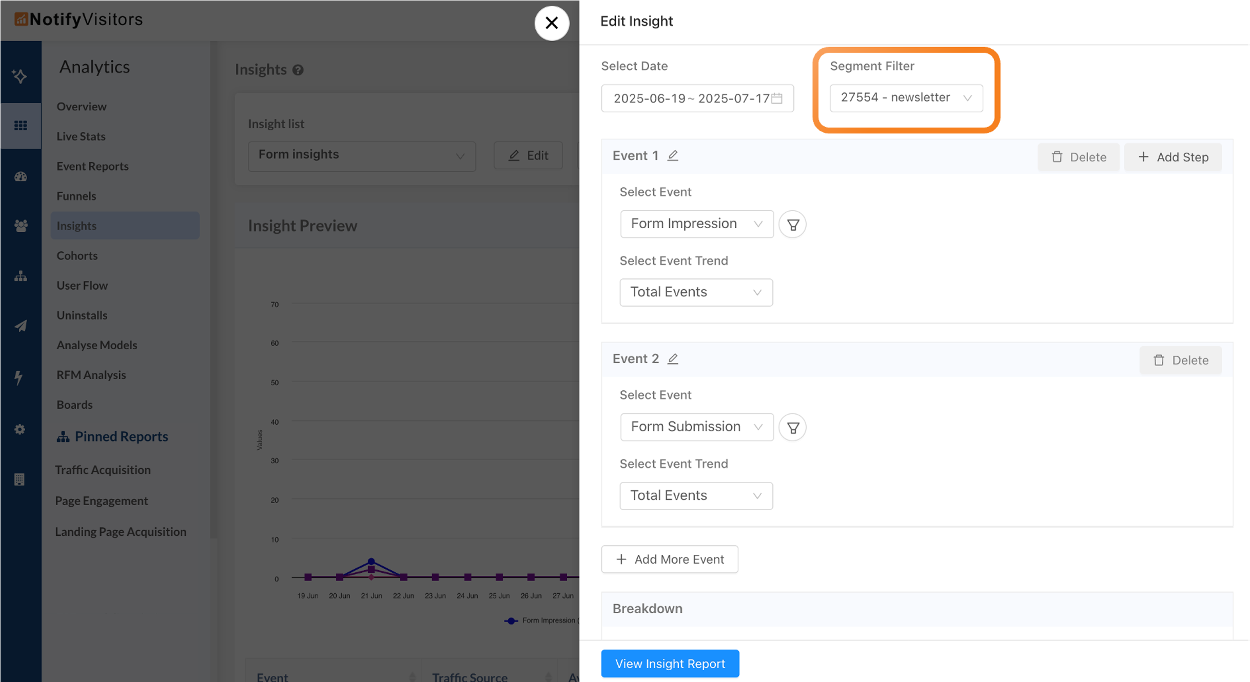New segment filter in Insights and Event reports