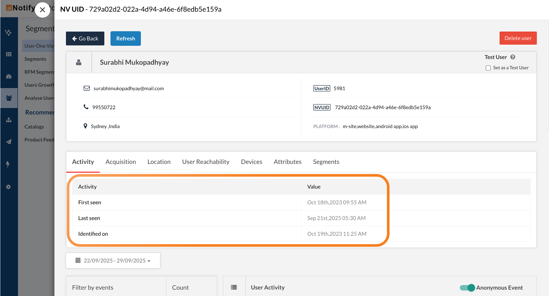 Updated User Acquisition Activity: First seen and Identified on