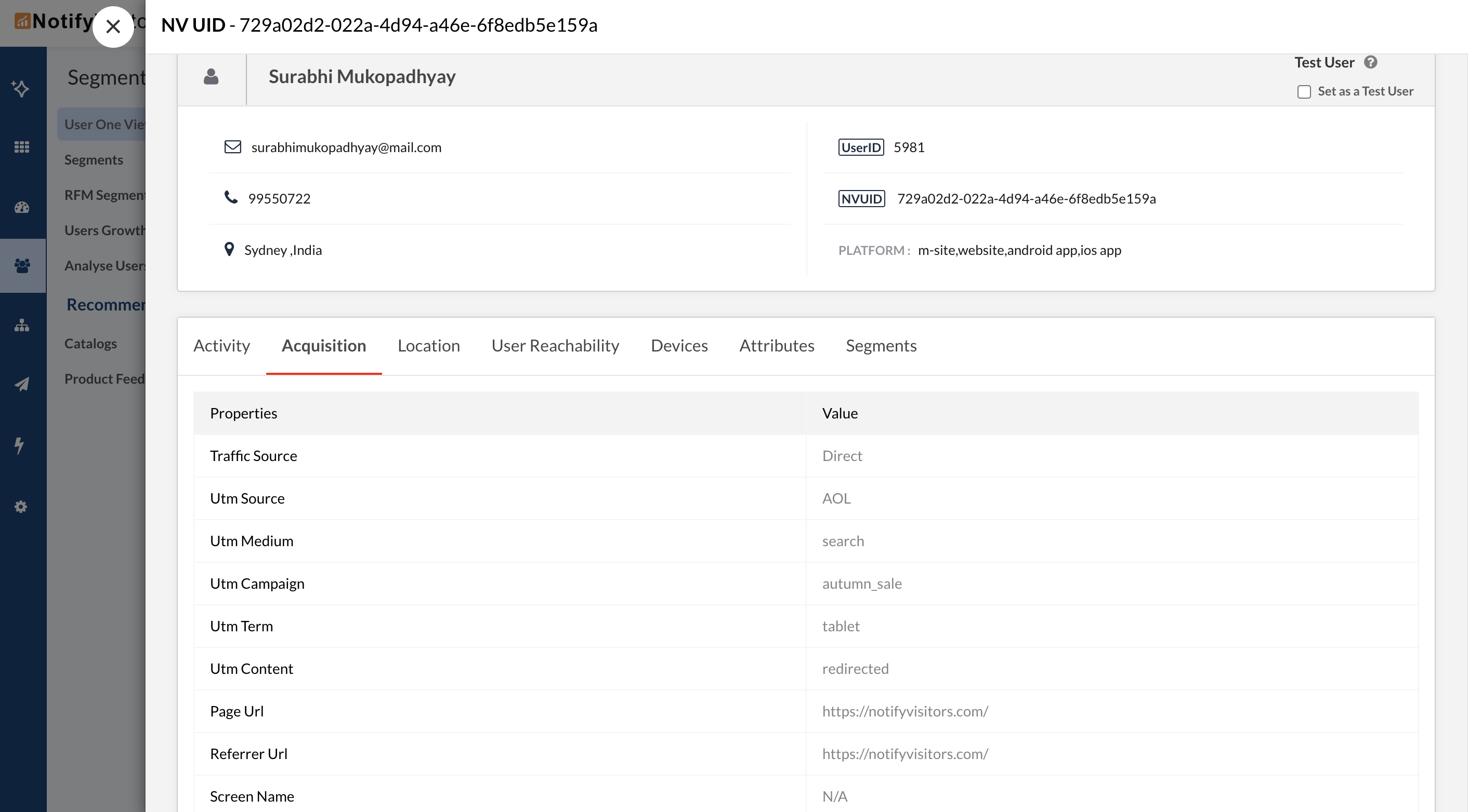 In the acquisition tab, you’ll also see user acquisition properties.
