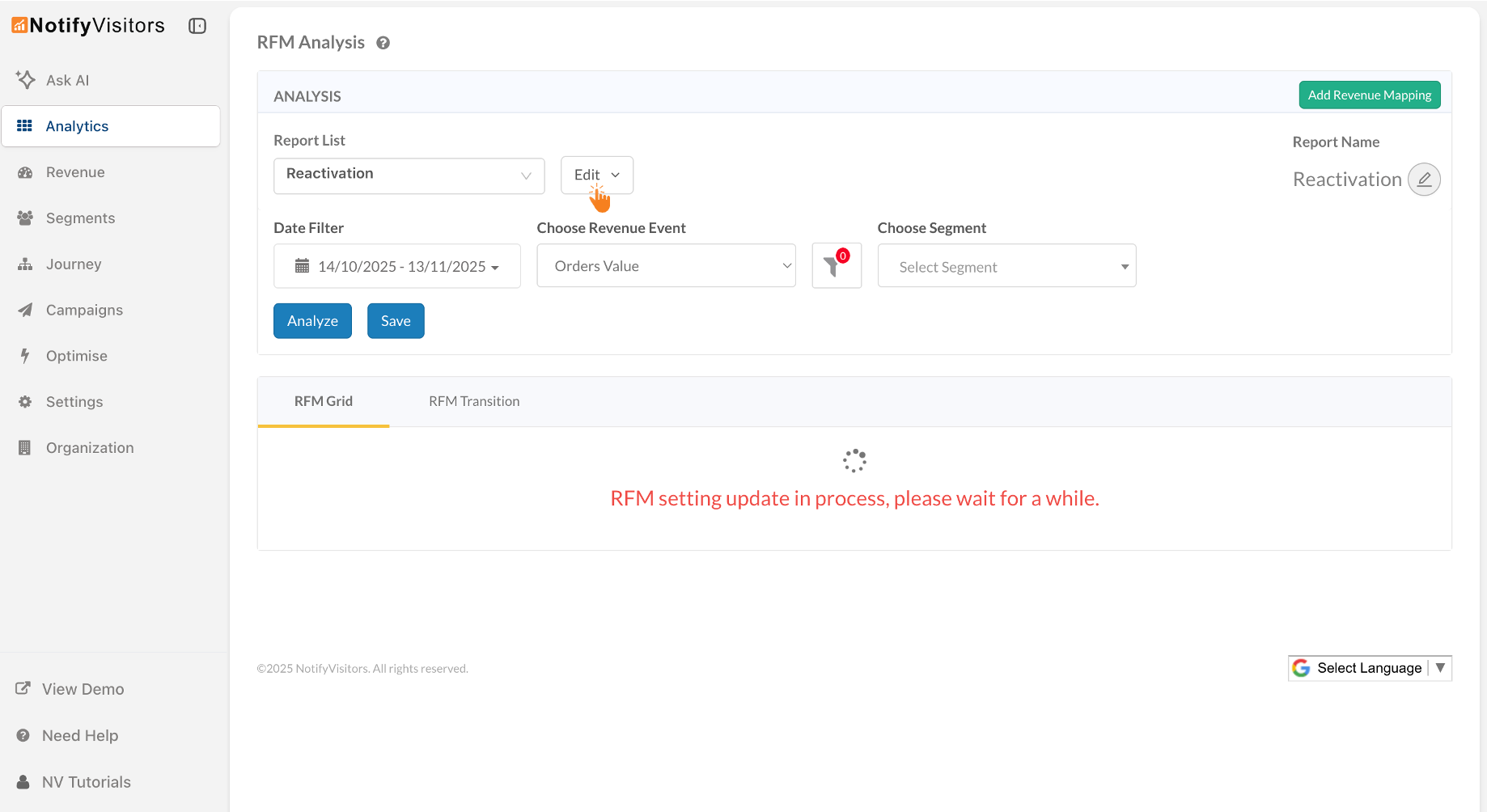 From this dropdown you can Create New Report, pick any existing report, and quickly edit its settings (date range, revenue event/attribute, and segment filters)
