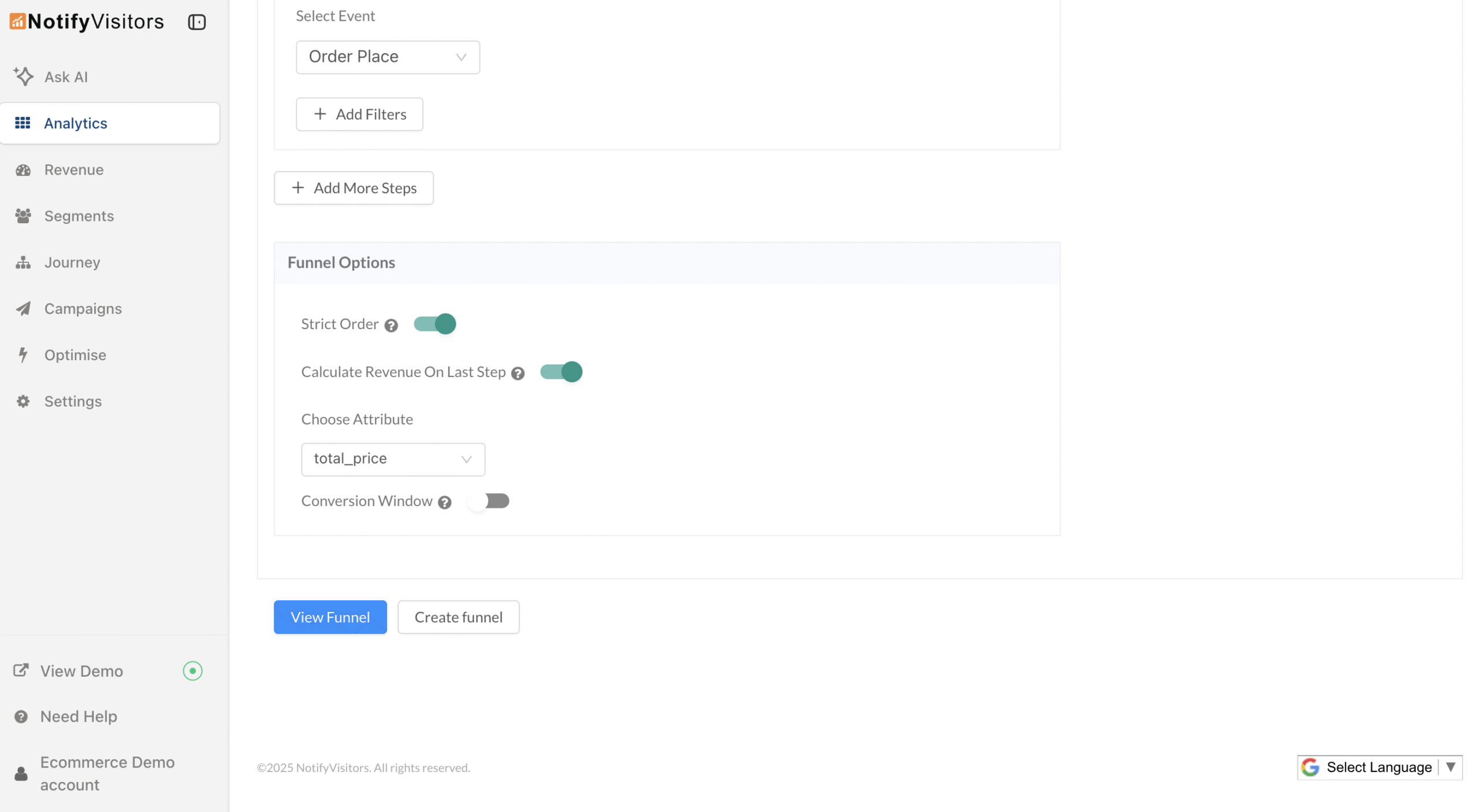 Scroll down to the Funnel Options and enable Calculate revenue on last step.