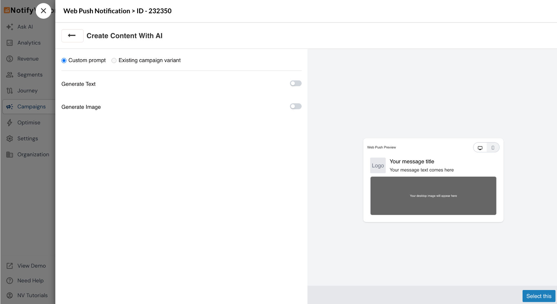 Clicking the AI icon gives you the choice to either generate new content (Custom prompt) or create AI-powered variations of an existing campaign (Existing campaign variant).