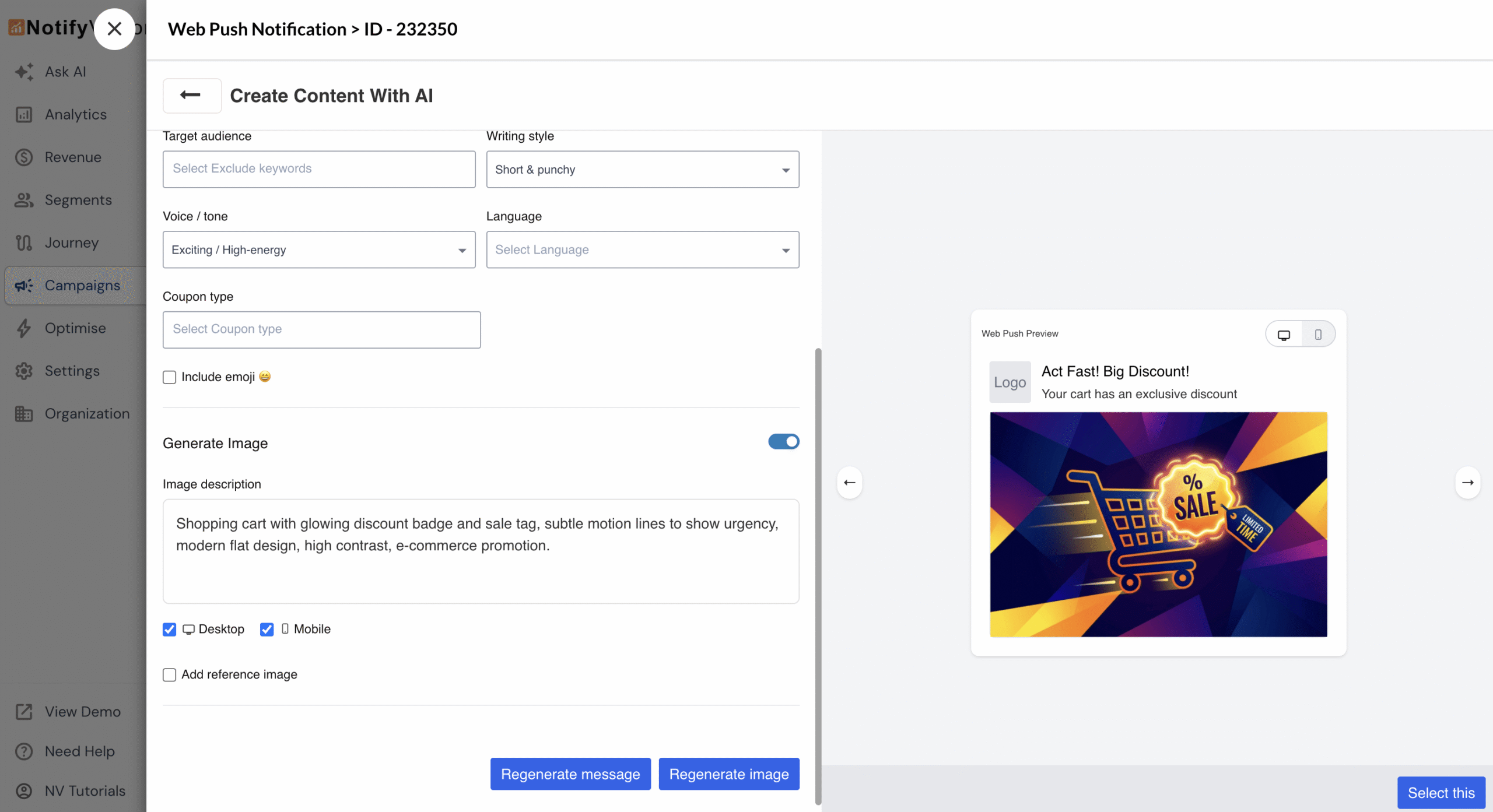 To generate images, enable the Generate Image option and provide a short image prompt.
