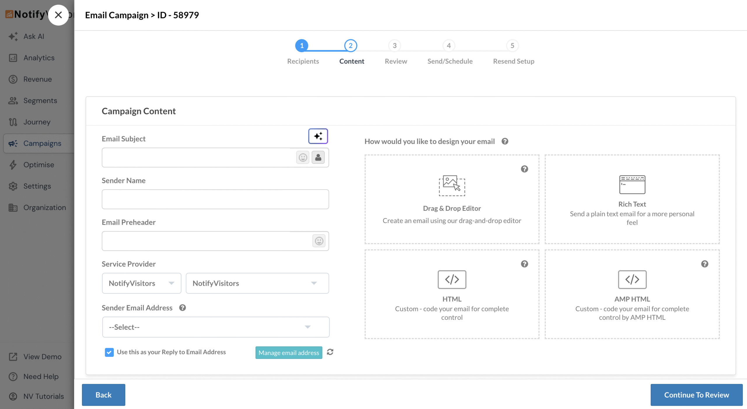 Click the AI icon next to the Email Subject to open the AI content generator.