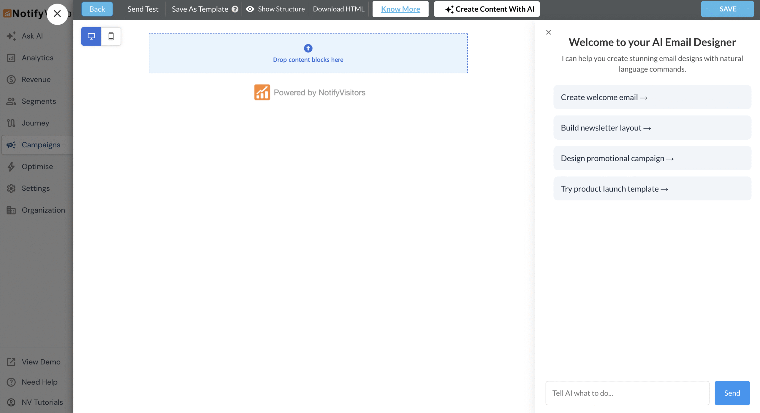 In addition to subject, you can also use AI to generate complete email templates. When using the Drag & Drop Editor, select Create from scratch and click Create content with AI.