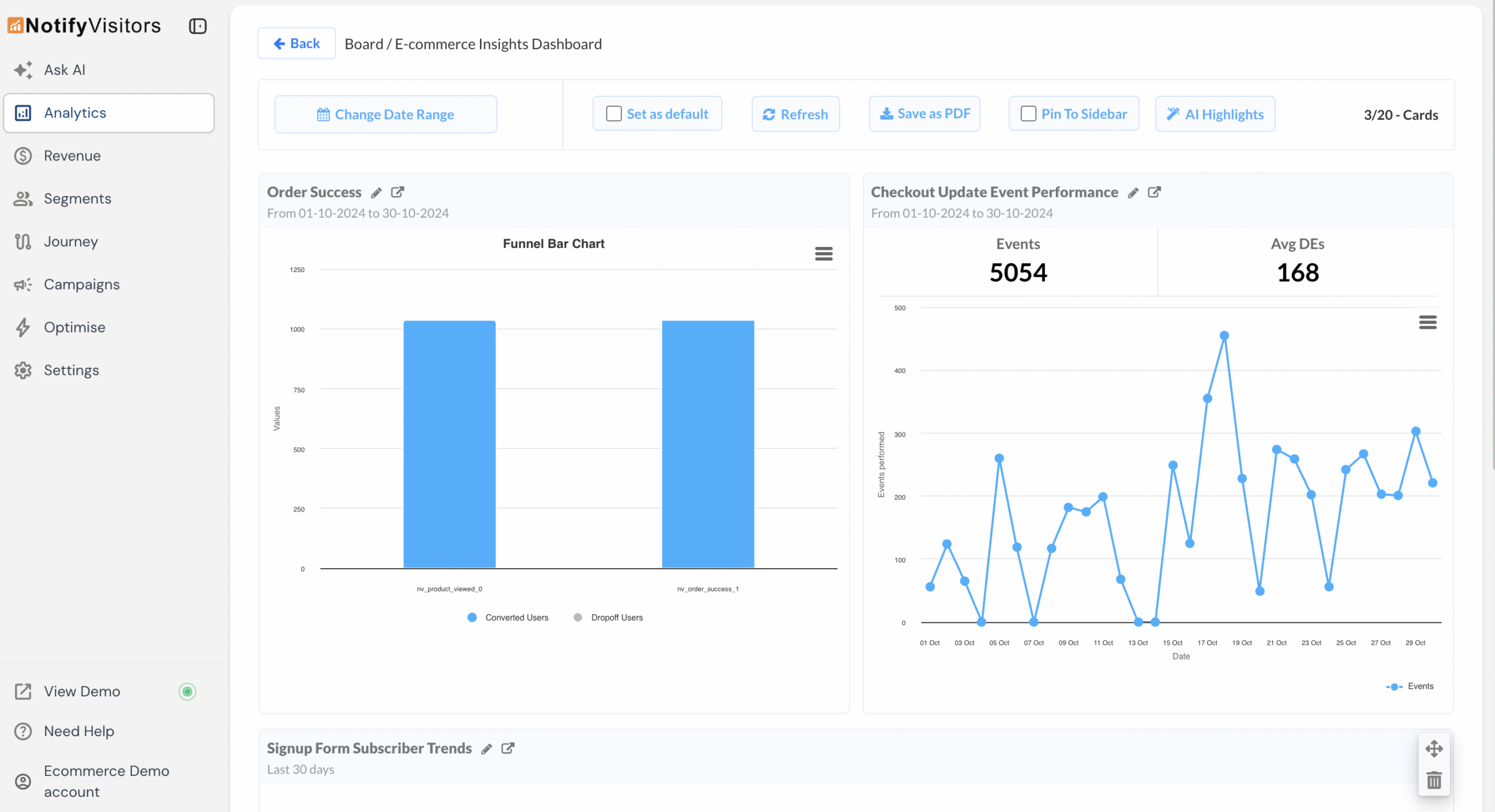 Go to Analytics → Boards. Open any custom board, then click AI Highlights button in the board toolbar