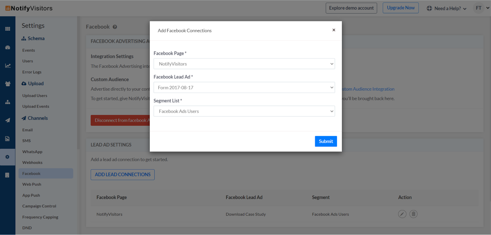Connect Facebook page to sync leads